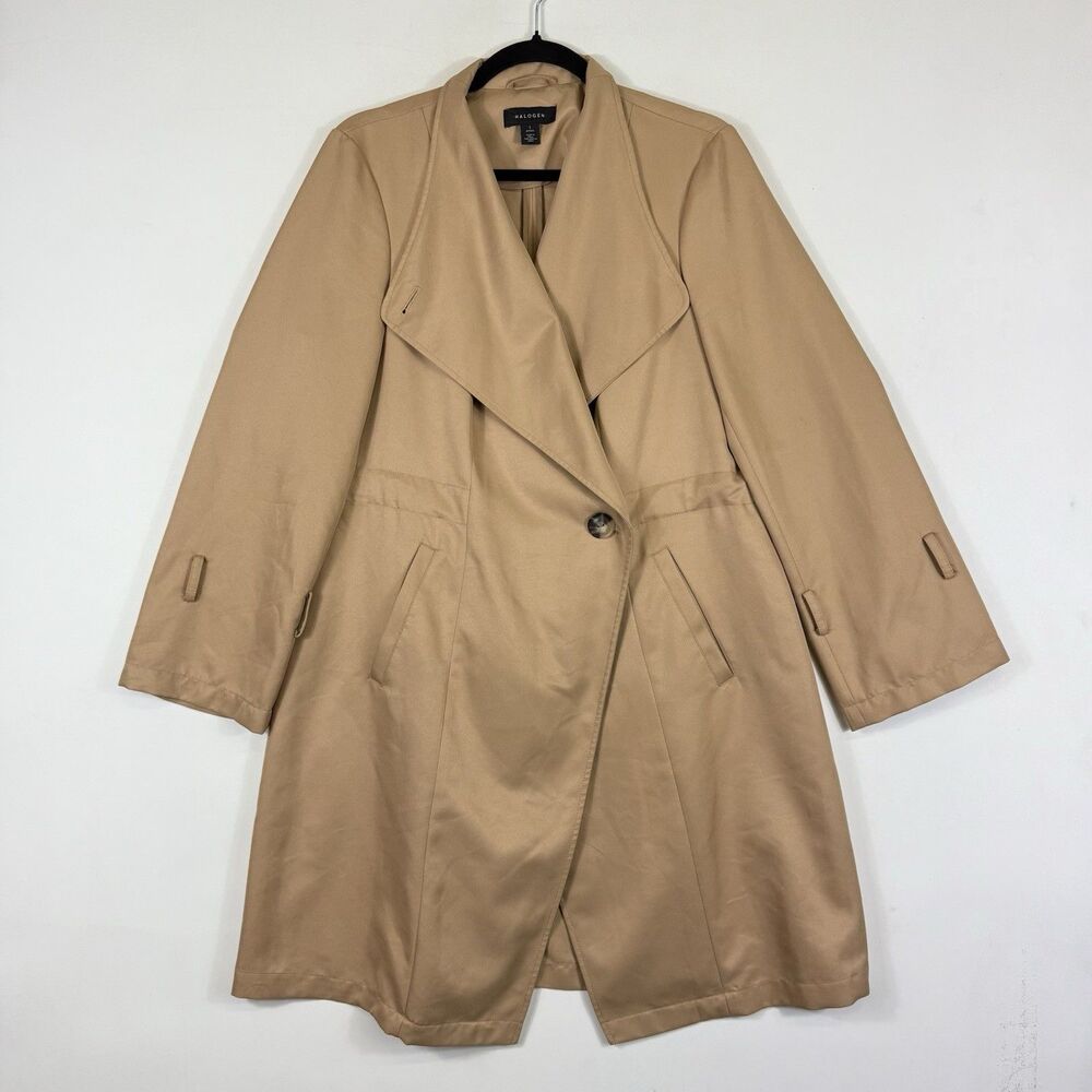 Halogen Trench Coat Jacket Womens Large Petite Tan Beige Preppy Understated‎